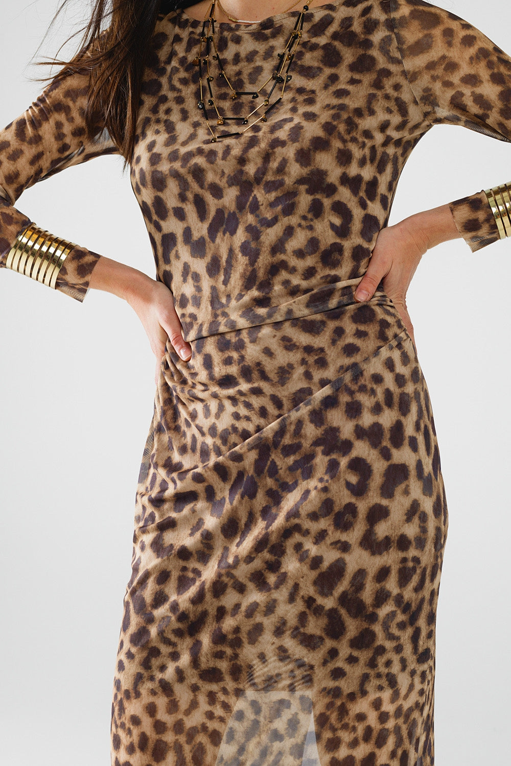 abito midi bodycon trasparente a maniche lunghe con stampa leopardata