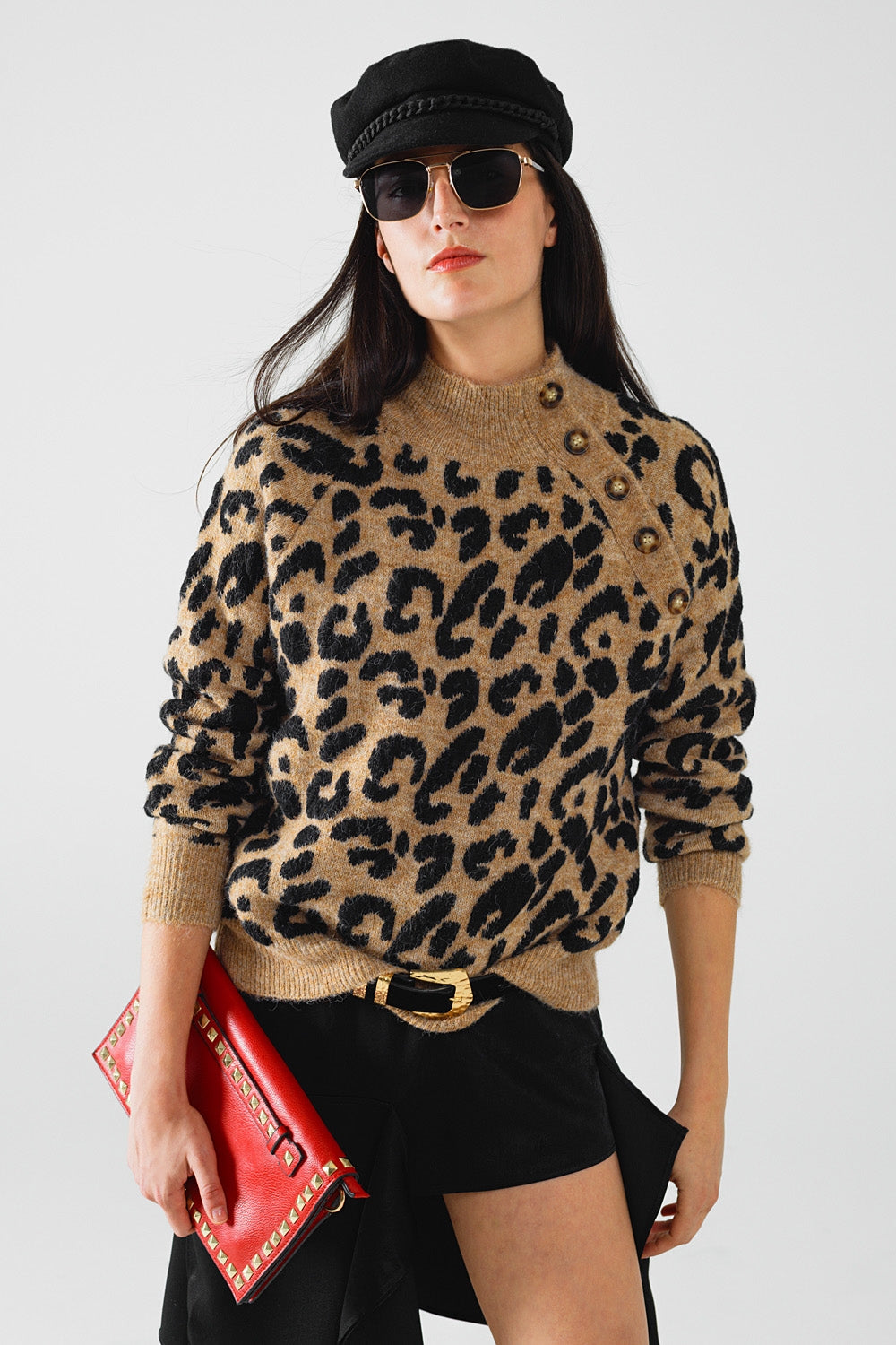 Maglione leopardato con bottoni sul lato